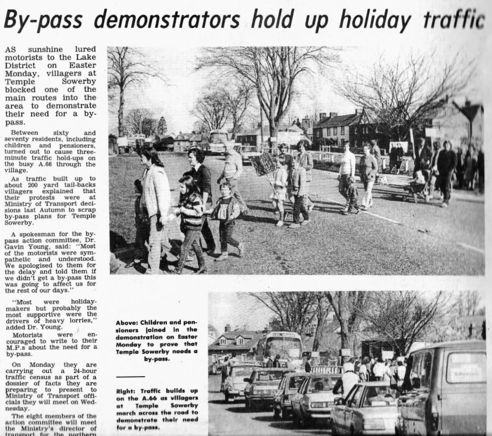 Cumberland & Westmorland Herald article on "By-pass demonstrators hold up holiday traffic"