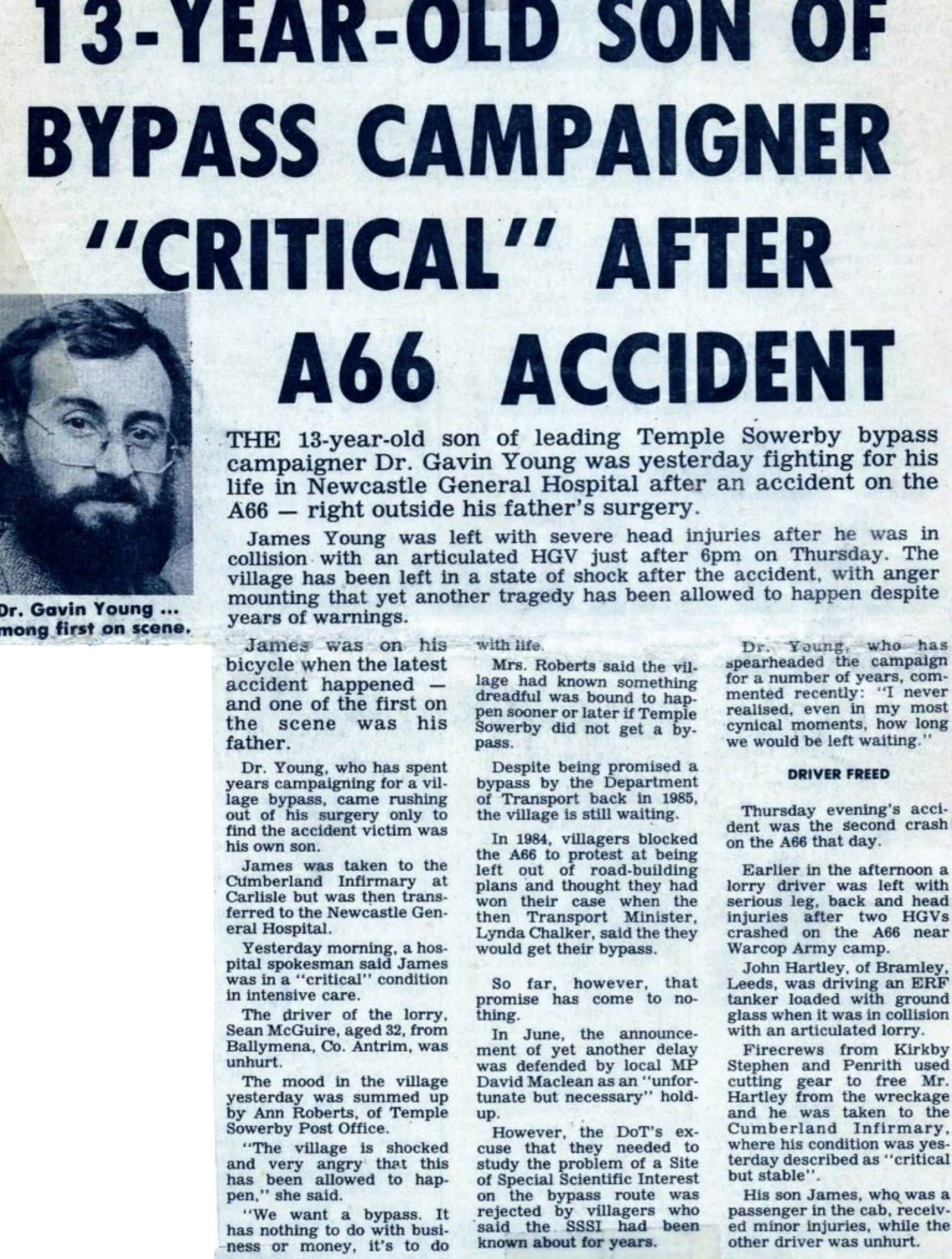 Cumberland & Westmorland Herald article on "13-year-old son of bypass campaigner "critical' after A66 accident"