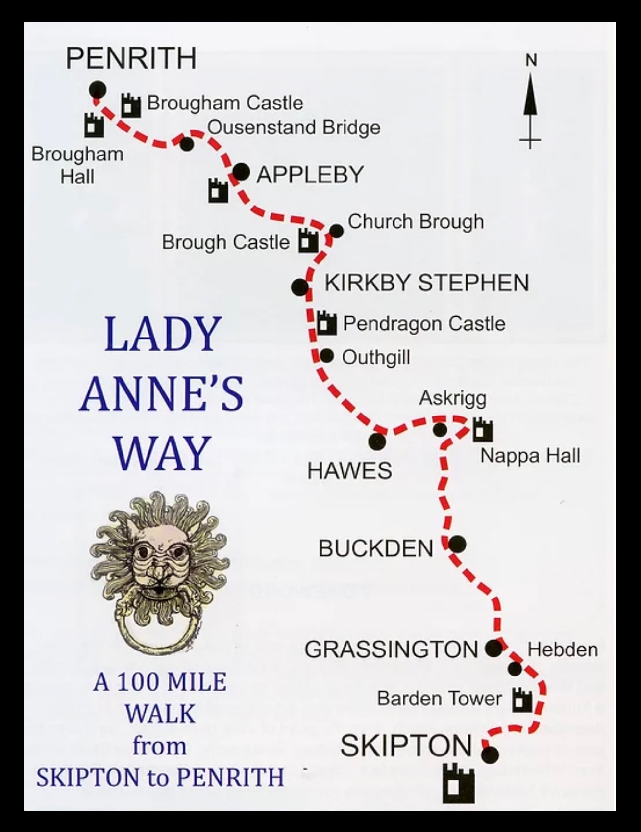 Map Showing route of Lady Anne's Walk from Penrith to Skipton