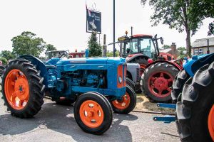 A blue vintage tractor